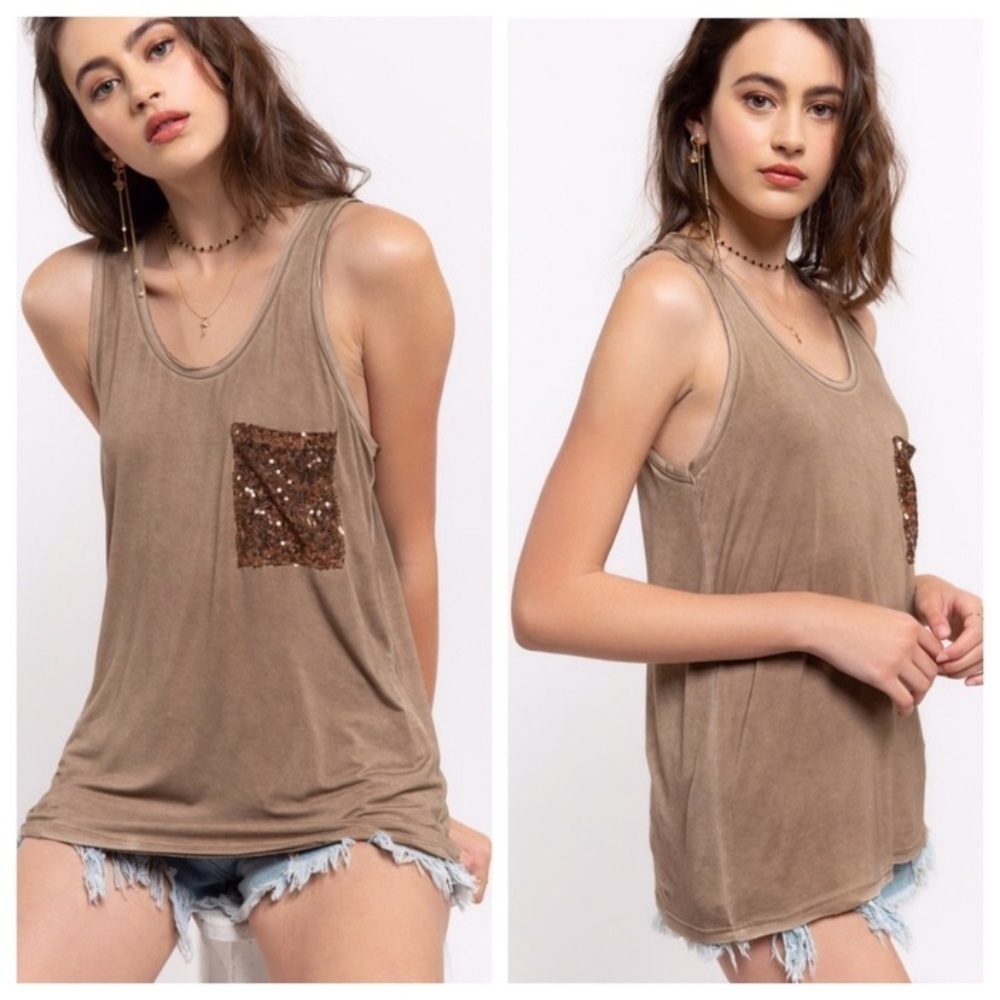 SEQUIN Pocket Low Neck Tank Top